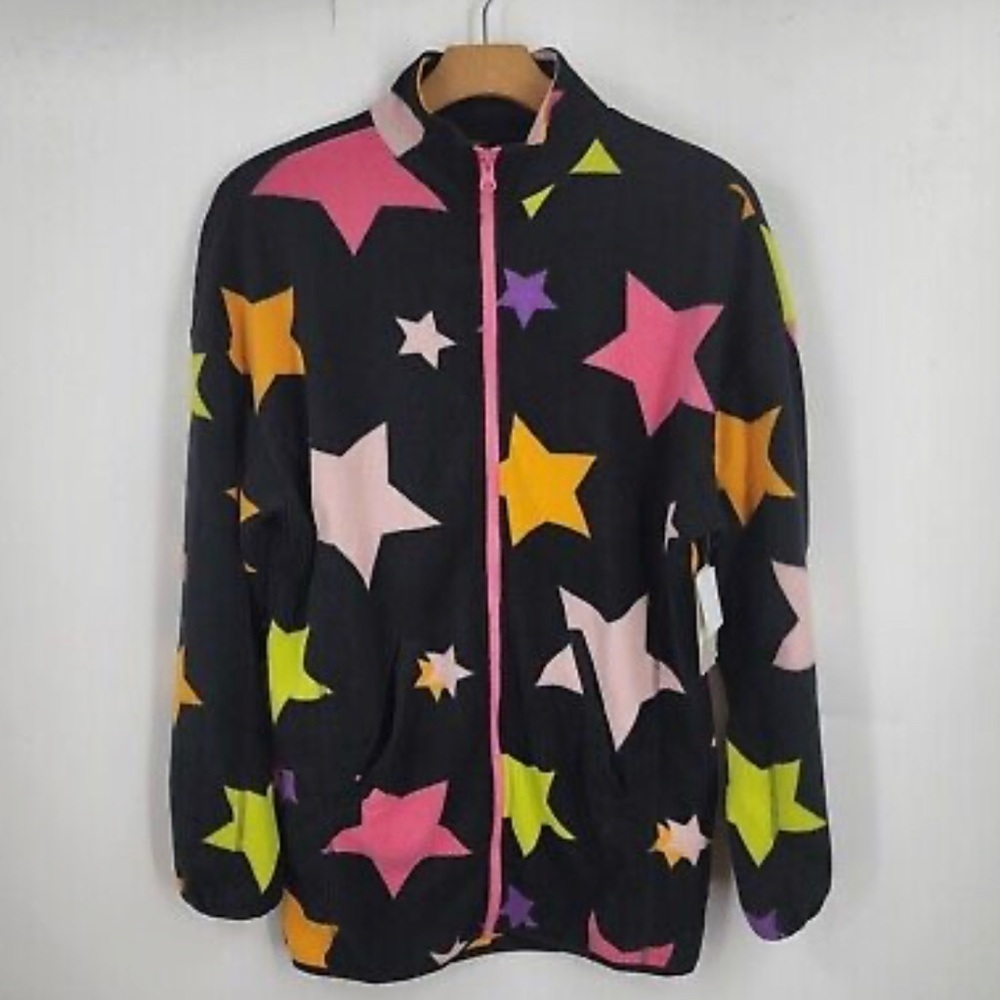 BP NORDSTROM Neon Stars Black Long Sleeve Fleece Zip Up Sweater Sz S - Picture 2 of 5